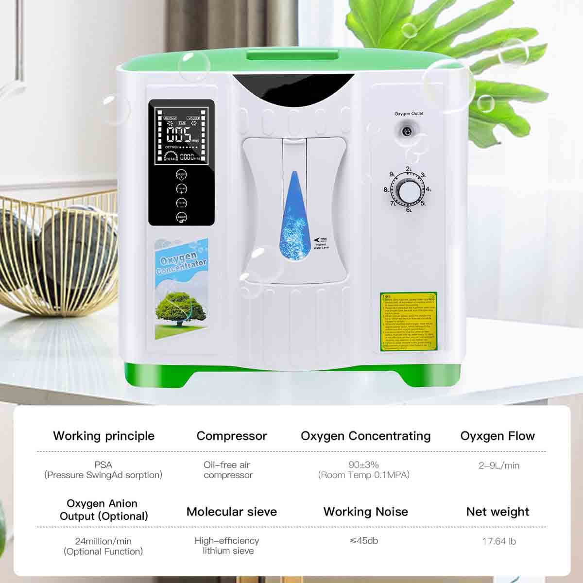Oxygen Concentrator 2-9 Liter Continuous Flow Adjustable, 93% Oxygen Concentration, Silent Home Oxygen Concentrator