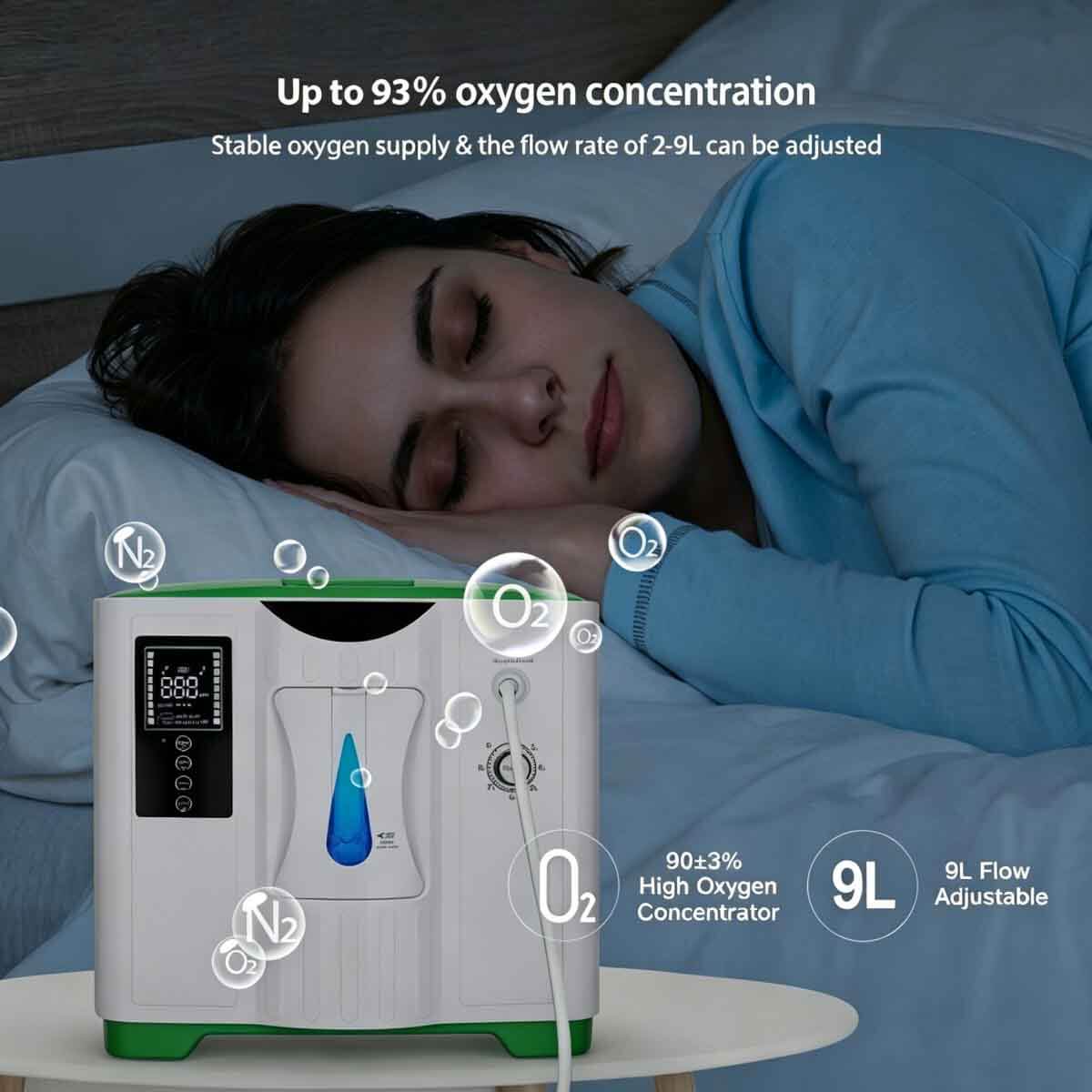 Oxygen Concentrator 2-9 Liter Continuous Flow Adjustable, 93% Oxygen Concentration, Silent Home Oxygen Concentrator