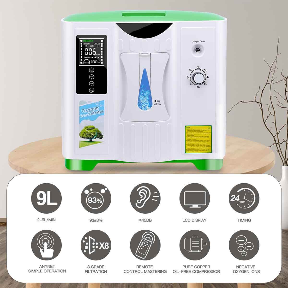 Oxygen Concentrator 2-9 Liter Continuous Flow Adjustable, 93% Oxygen Concentration, Silent Home Oxygen Concentrator