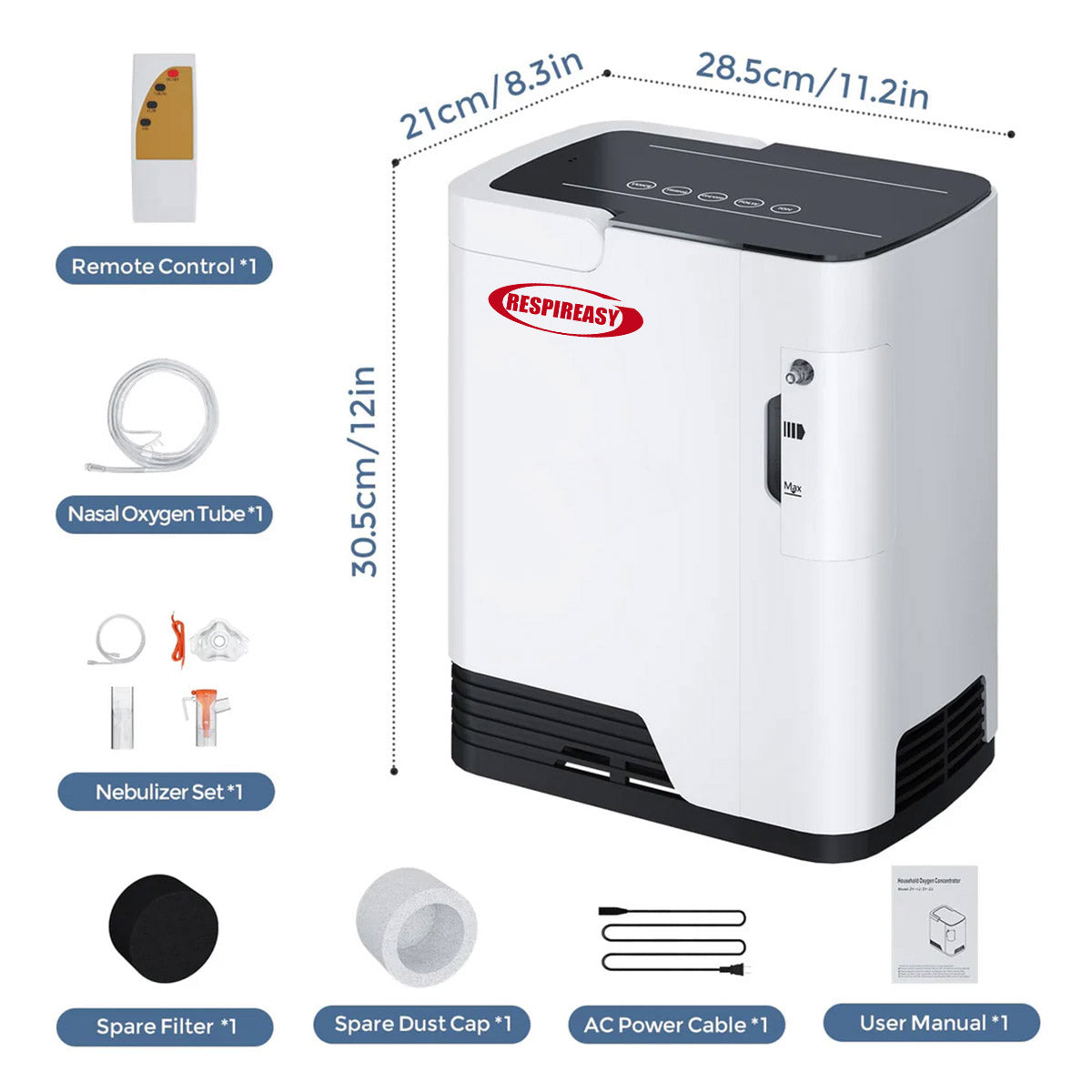 Home Oxygen Concentrator, Adjustable From 1 To 7 Liters, Oxygen Concentration 93%, Model: RESPIREASY RE-M1L